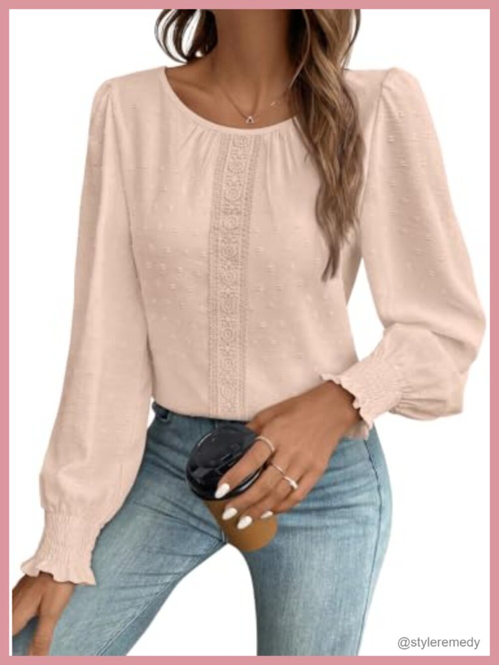 Swiss Dot Blouse Womens Long Sleeve Crochet Lace Trim Pom Pom Top